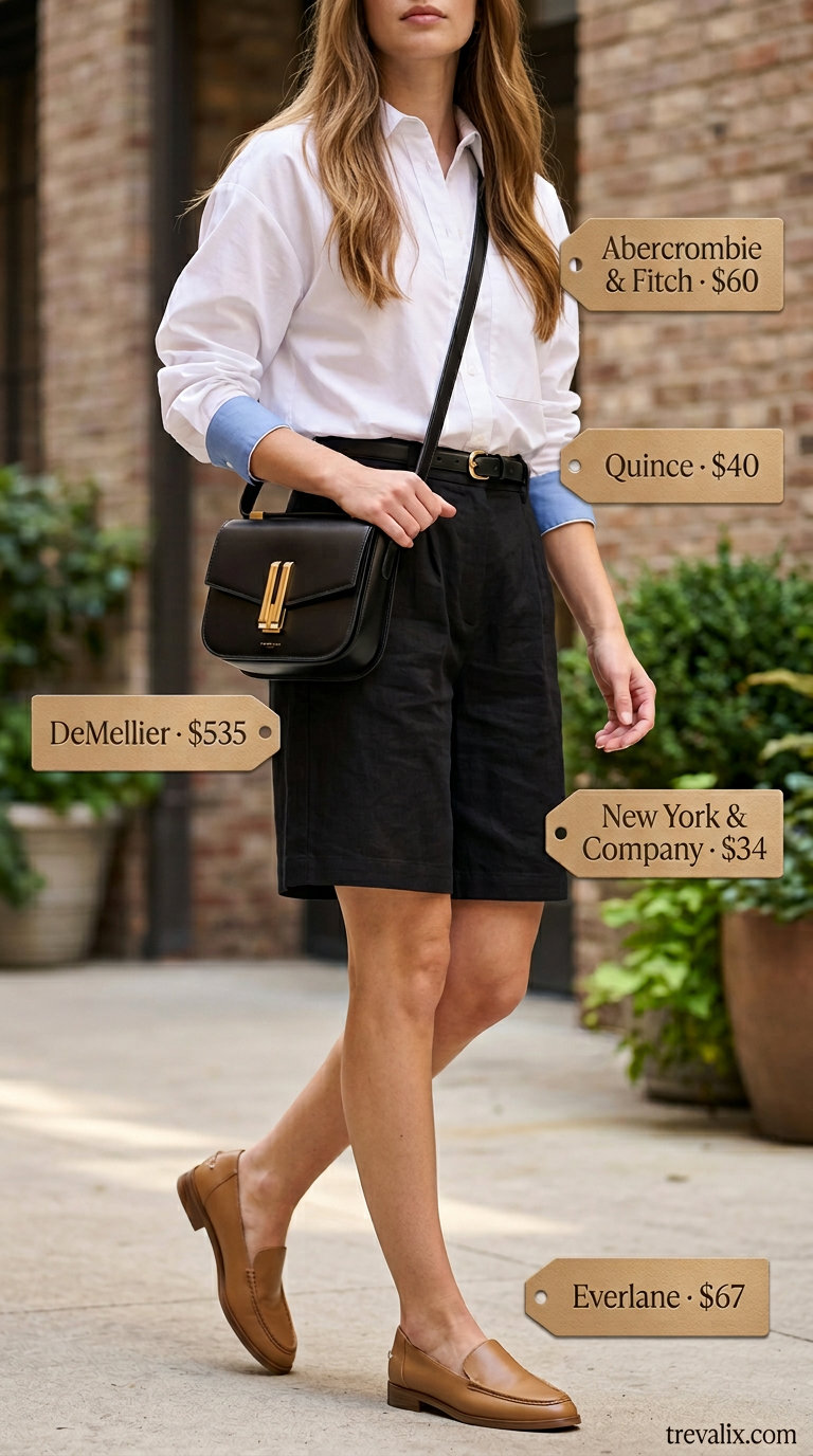 Slouchy oversized summer outfit for women 2026: White oversized shirt, black Bermuda shorts, loafers for brunch.