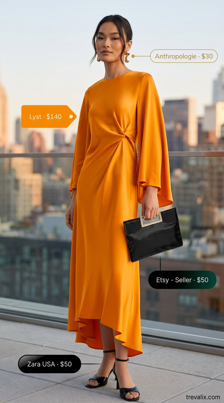 Slouchy oversized summer outfit for women 2026: Mango orange wrap dress, black heels, gold earrings for date night.