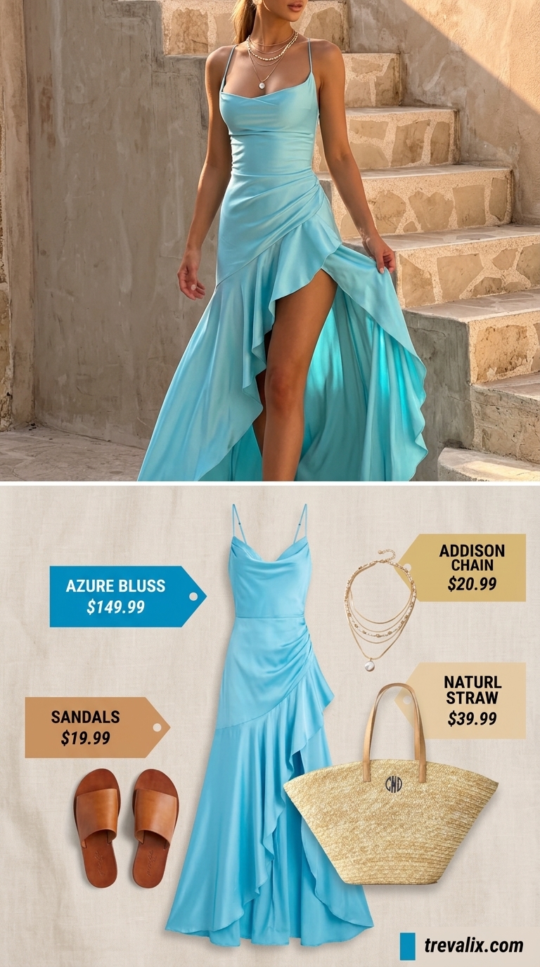 Azure blue flowy maxi dress with tan sandals for a relaxed beach vacation or resort wear.