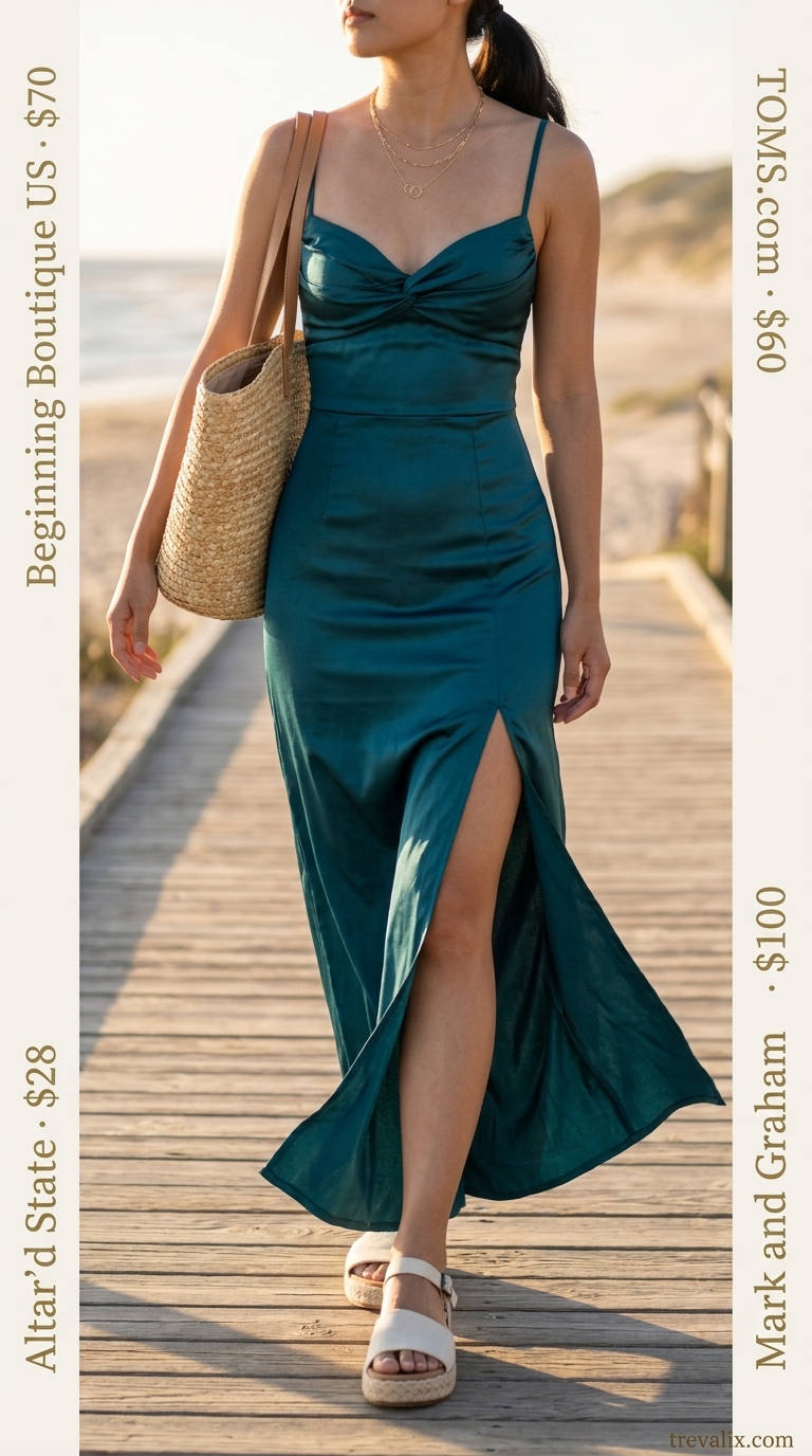 Teal flowy maxi dress for beach days or resort wear. Effortless and serene style.
