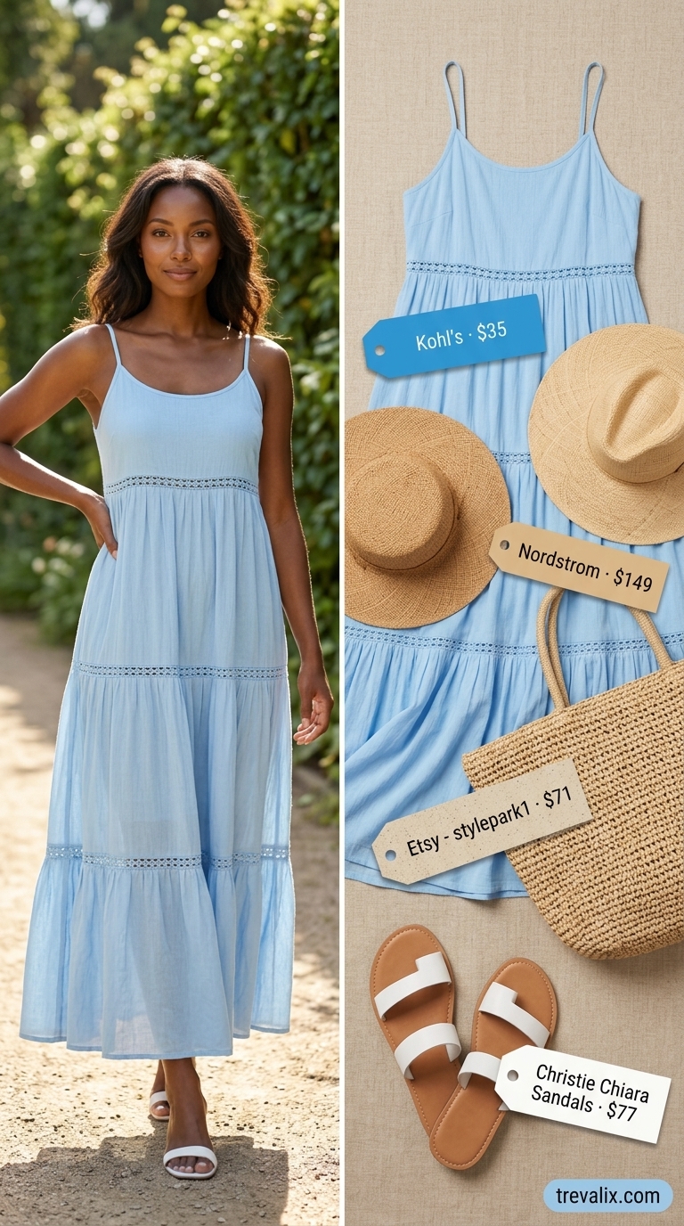 Sky blue flowy maxi dress for beach days or vacation. Effortless seaside style.