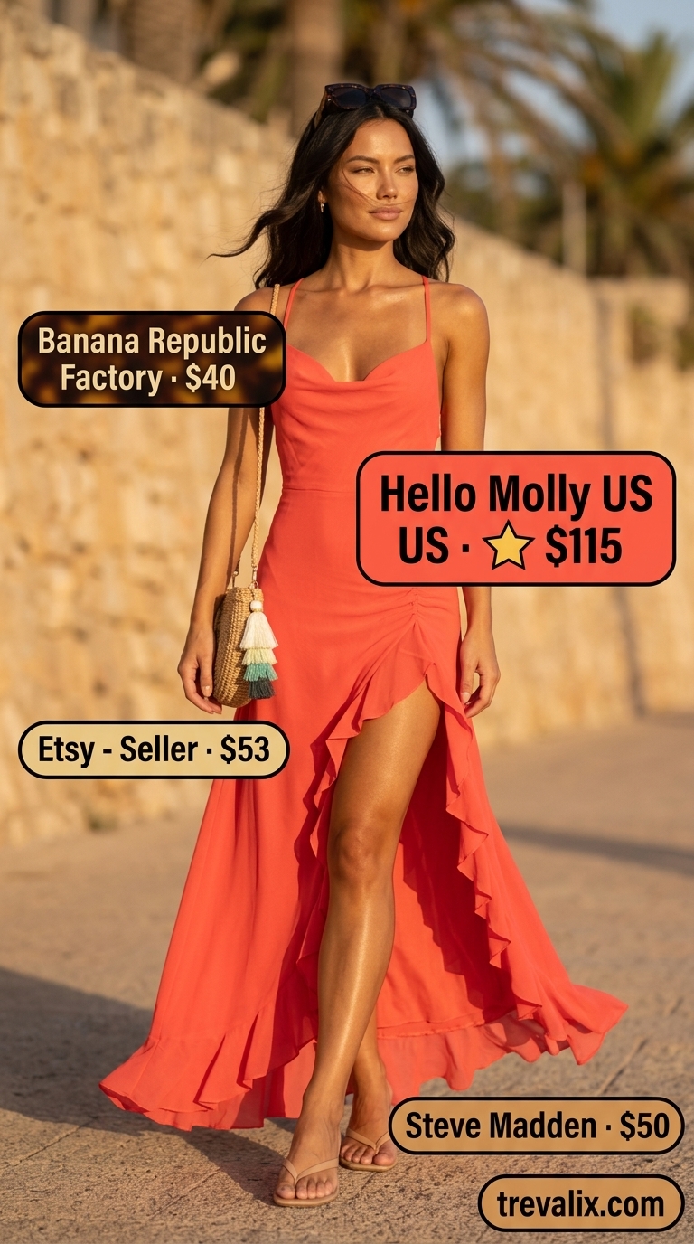 Coral rayon jersey flowy maxi dress with flat sandals for a vibrant summer vacation or beach party.