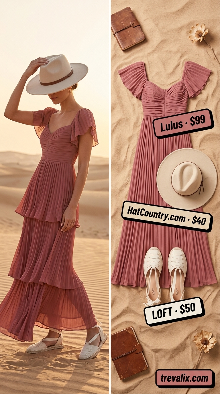Desert rose flowy maxi dress with espadrilles for a boho festival or summer brunch.