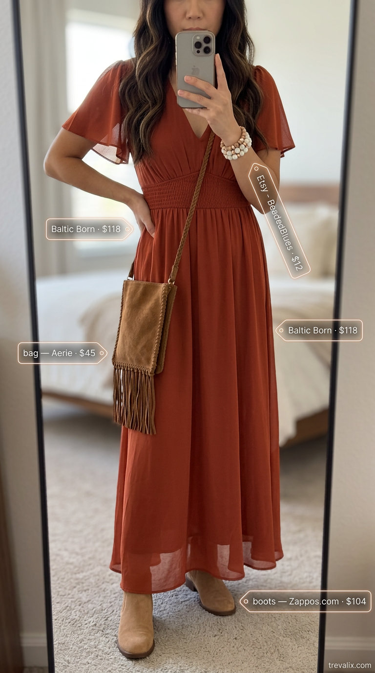 Burnt orange flowy maxi dress for festivals or casual outings. Bohemian style.