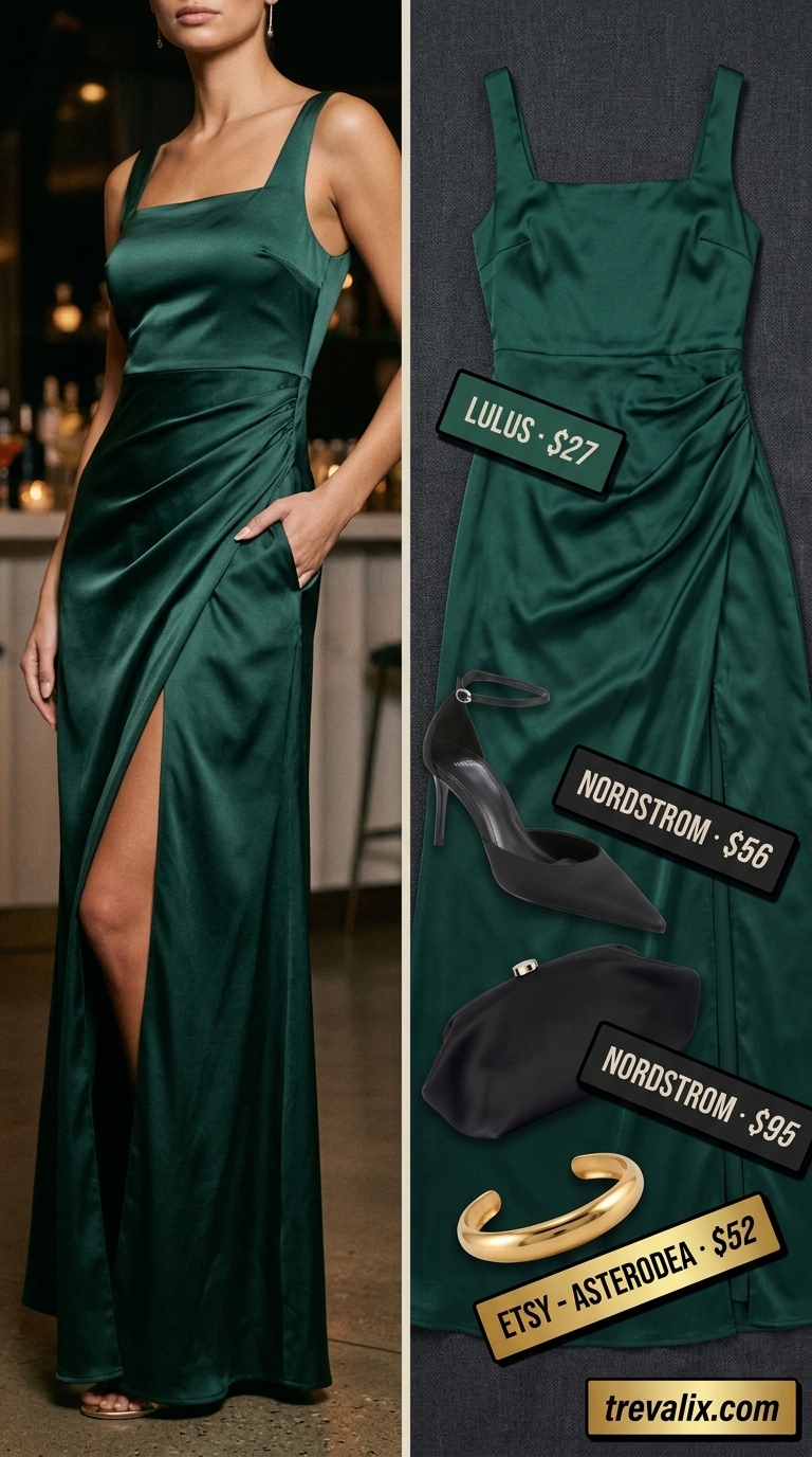 Emerald green satin flowy maxi dress with gold accents for a bold formal summer event or cocktail party.