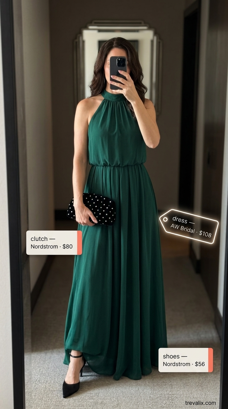 Emerald green flowy maxi dress with black heels for a formal summer event or evening gala.