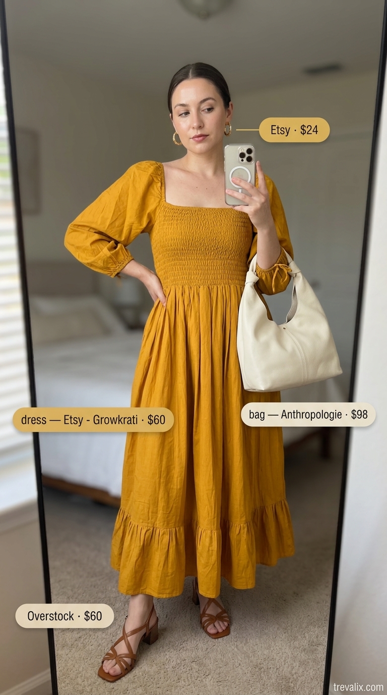 Mustard yellow flowy maxi dress for casual dinners or markets. Warm and inviting.