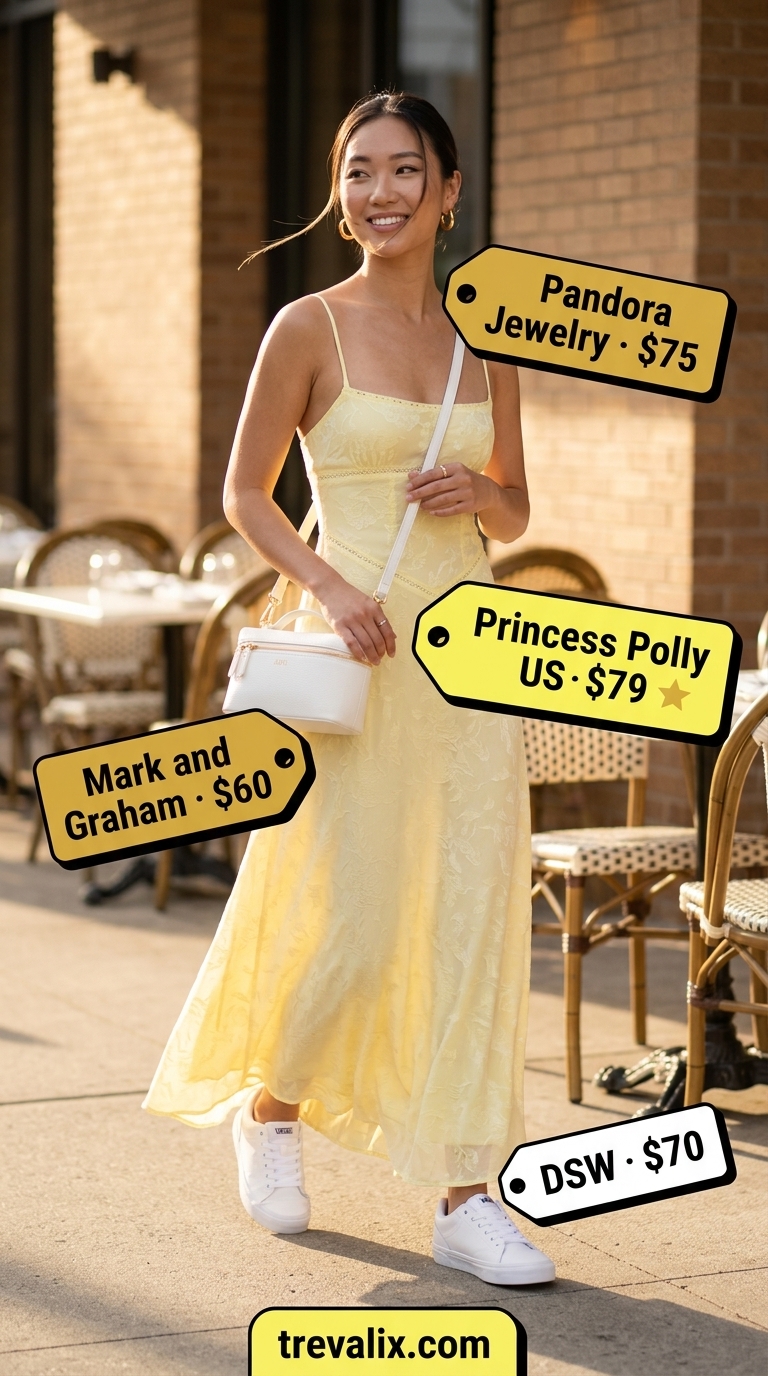 Lemon yellow cotton poplin flowy maxi dress with white sneakers for a cheerful summer day out.
