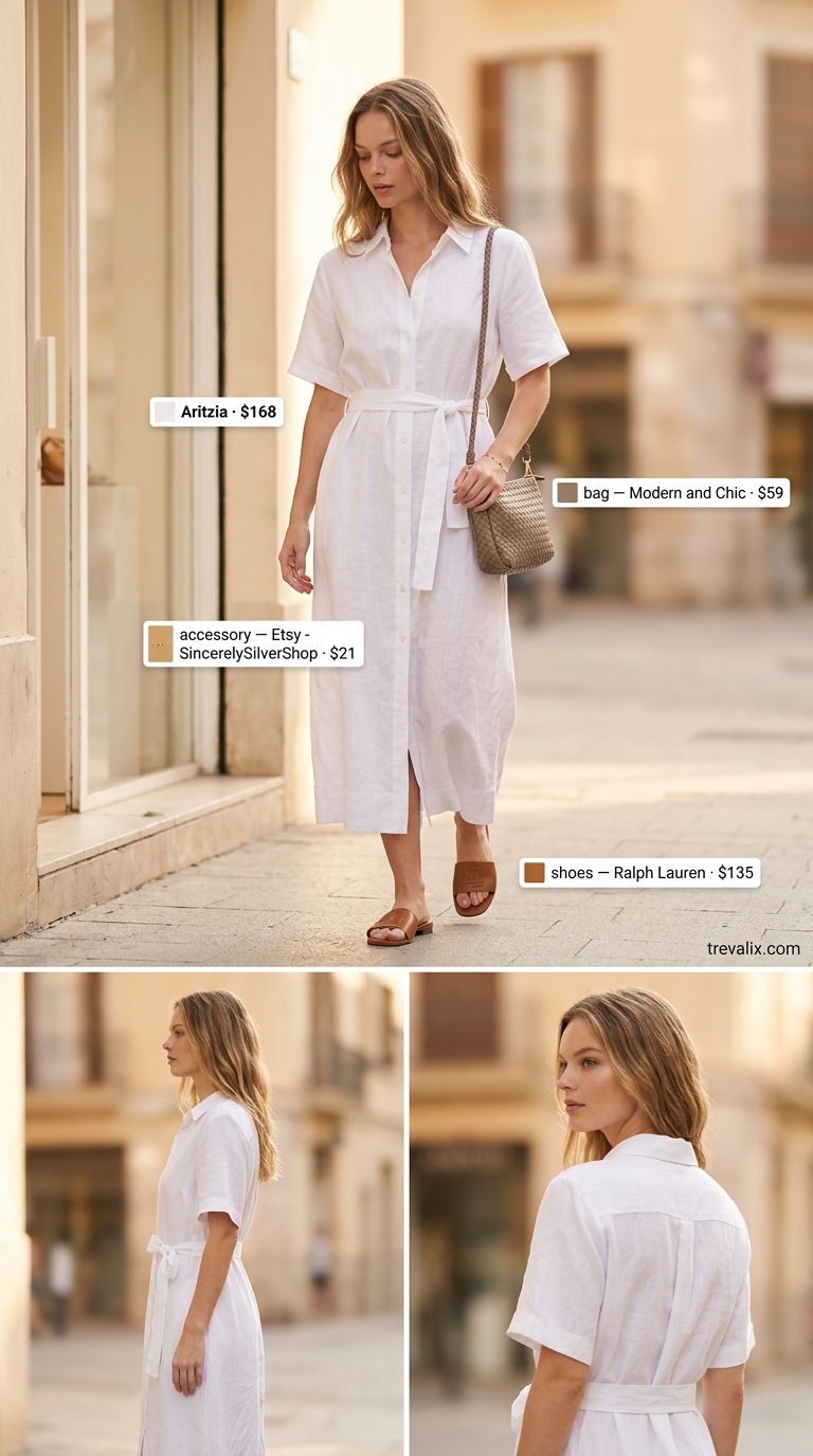 White linen flowy maxi dress for summer errands. Paired with tan sandals & straw bag. Effortless chic 2026.