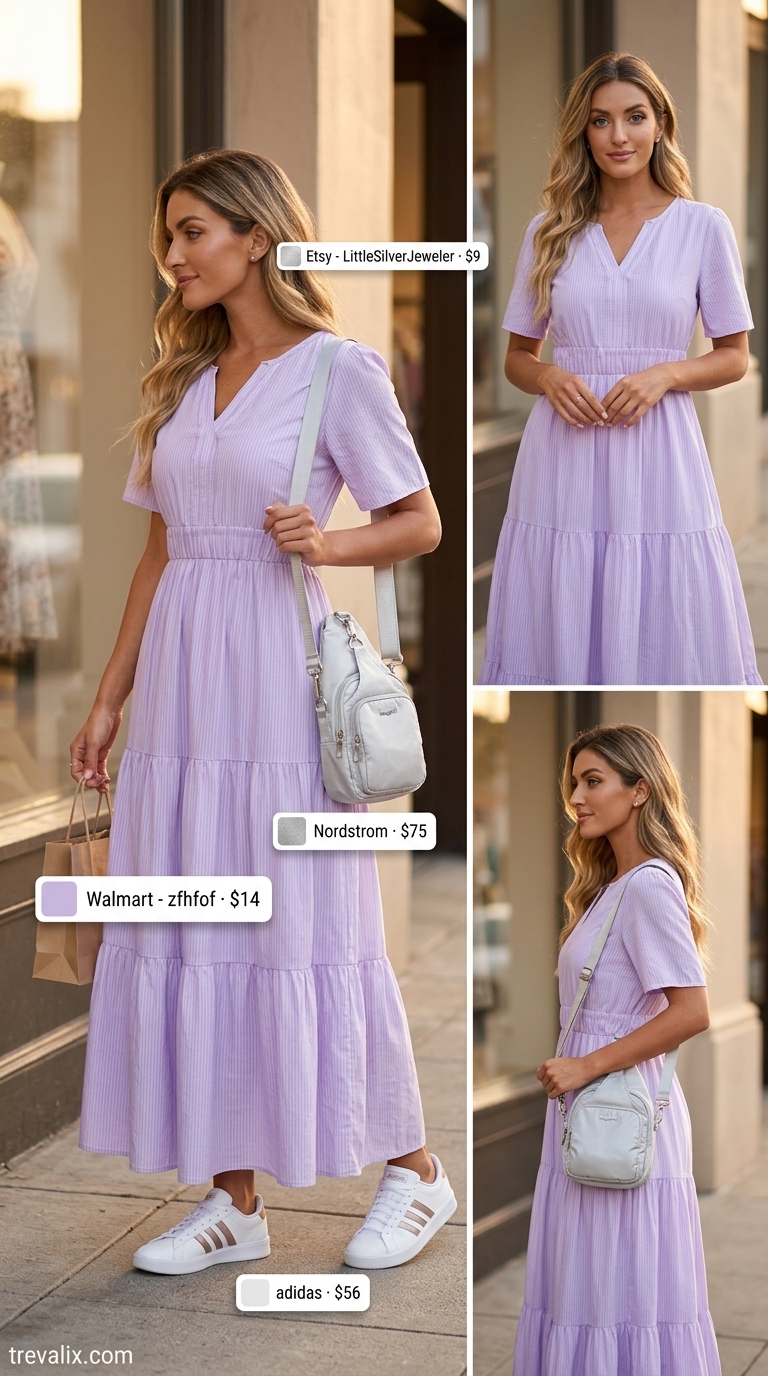 Lilac flowy maxi dress for maternity wear. Styled with white sneakers & silver crossbody bag. Chic comfort 2026.