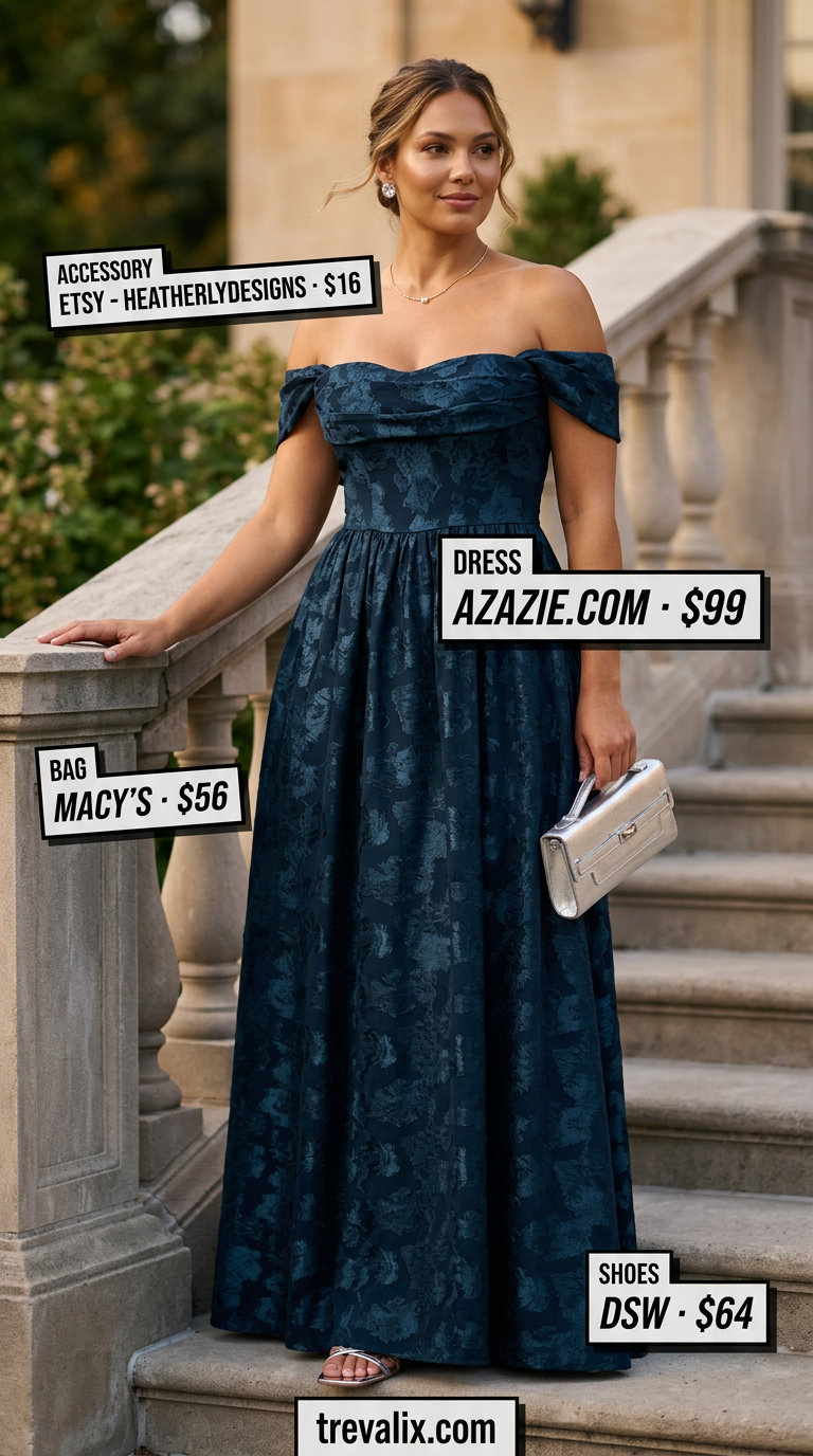 Navy blue flowy maxi dress with silver heels for a sophisticated summer wedding guest or cocktail party.