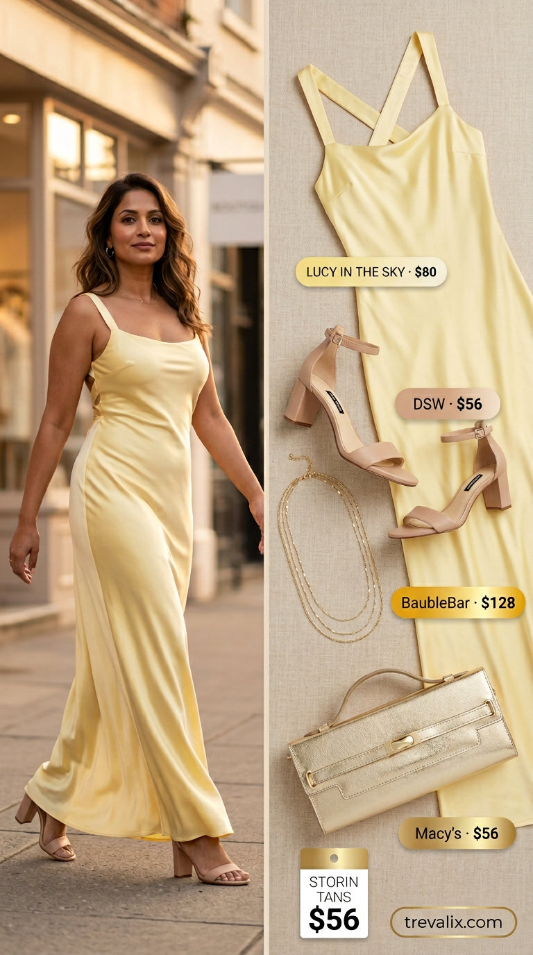 Mustard yellow satin flowy maxi dress for an evening soirée. Paired with gold clutch & block heeled sandals 2026.