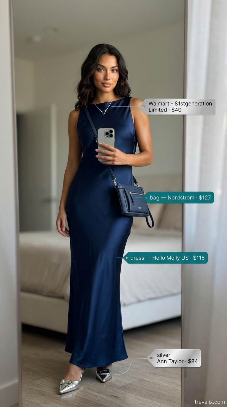 Navy blue Tencel flowy maxi dress for summer evenings. Styled with pointed slingbacks & structured crossbody 2026.