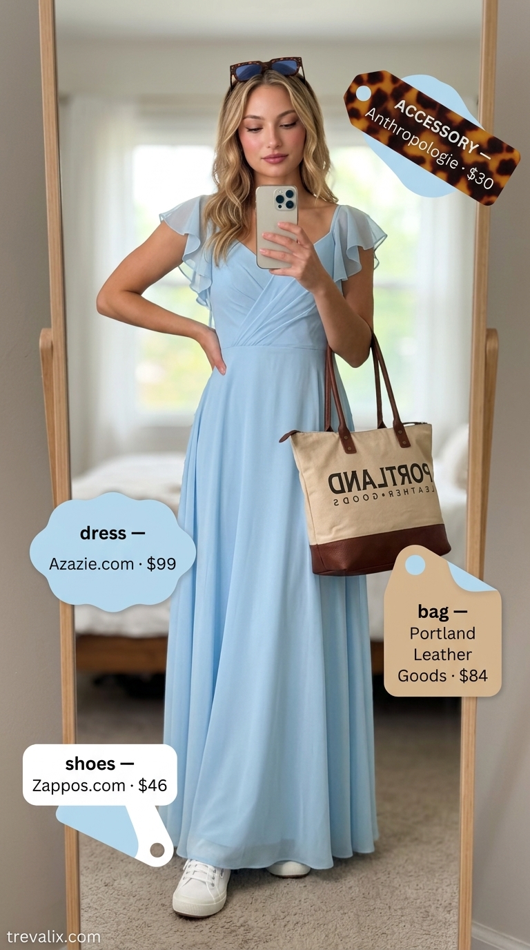 Sky blue flowy maxi dress for casual days or vacation. Airy and refreshing outfit.
