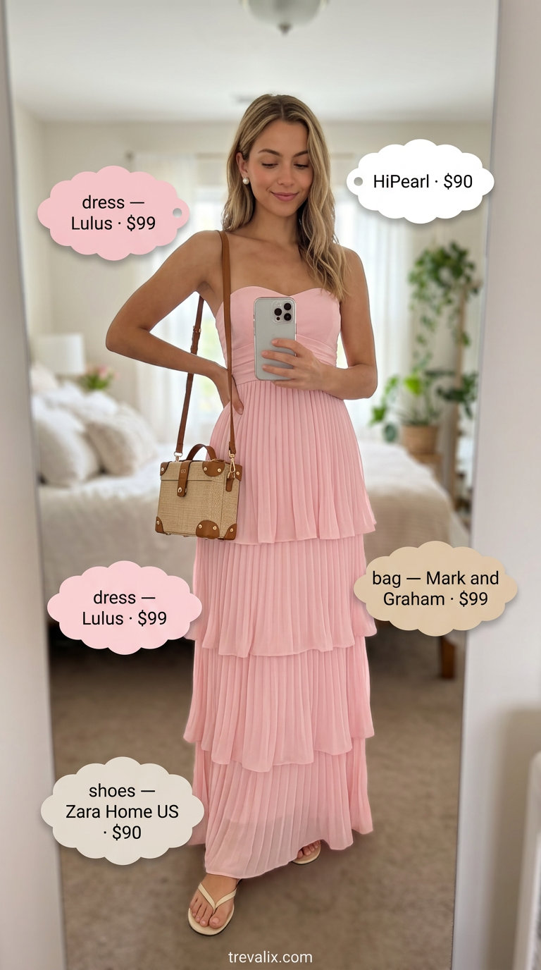 Pastel pink flowy maxi dress for baby showers or garden parties. Soft and feminine style.