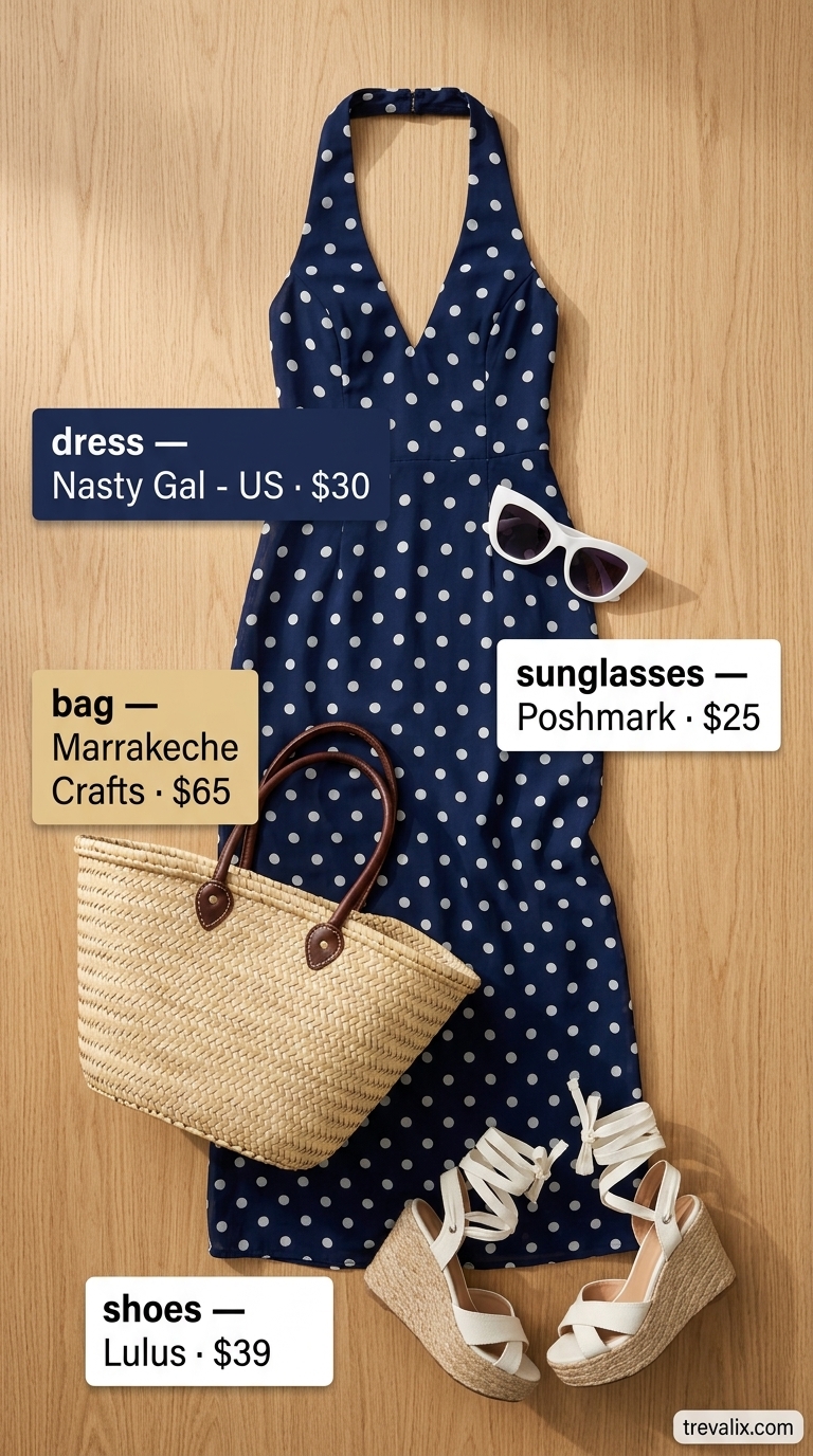 Navy and white polka dot flowy maxi dress for a retro summer look. Styled with espadrille wedges & straw tote 2026.