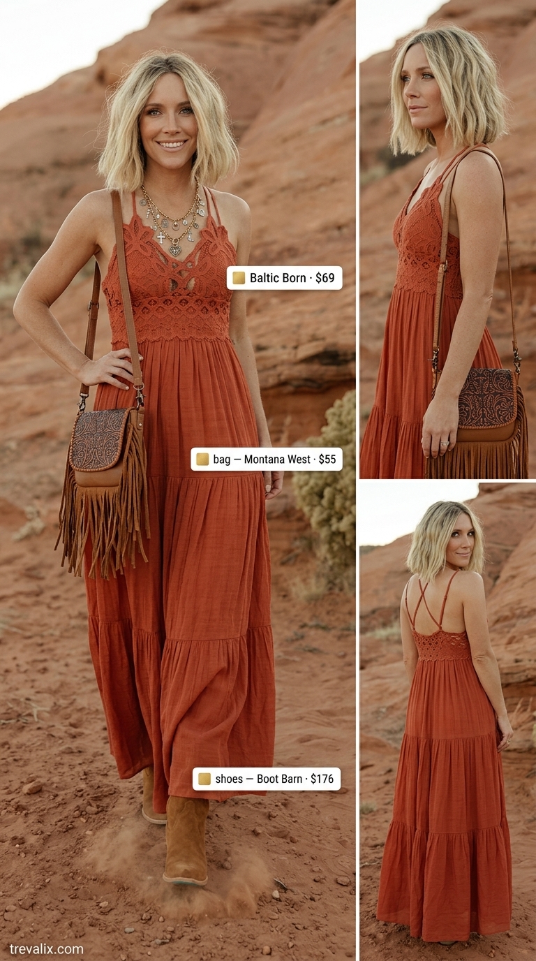 Rust orange cotton gauze flowy maxi dress for a boho festival look. Styled with cowboy boots & fringe bag 2026.