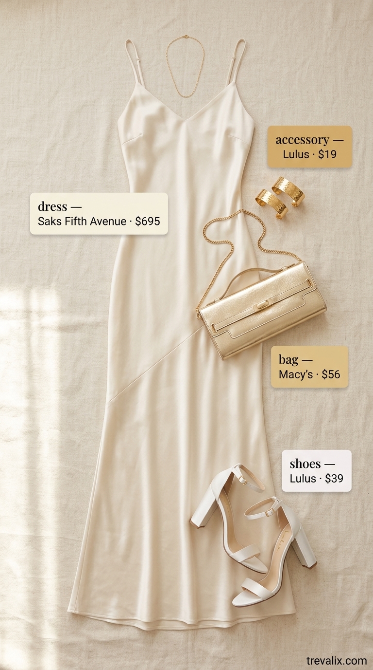 Cream silk blend flowy maxi dress for a summer cocktail party. Accented with gold jewelry & heeled sandals. Luxe 2026.