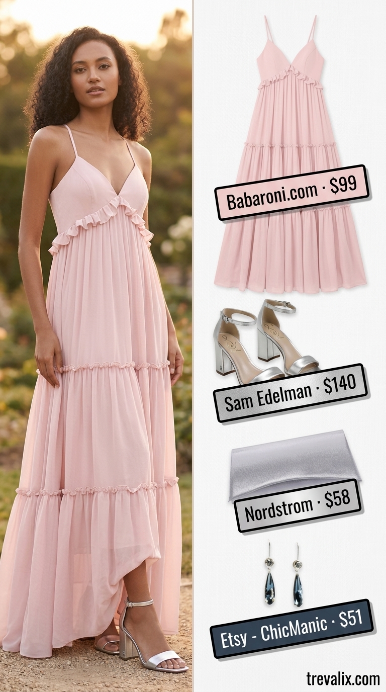 Blush pink flowy maxi dress with silver sandals for a romantic summer evening event or date night.