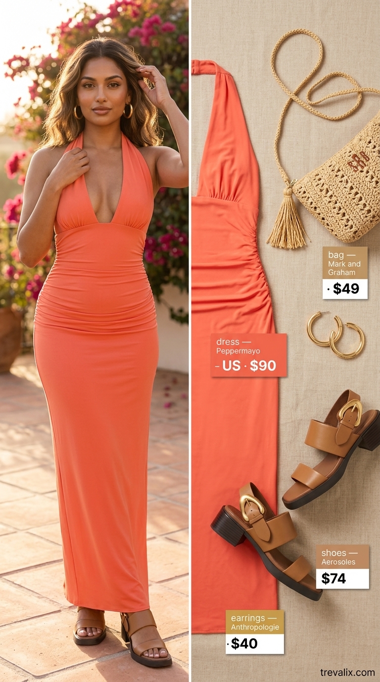 Coral flowy maxi dress for summer evening, fiesta, or casual wedding guest. Styled with tan sandals and gold hoops.