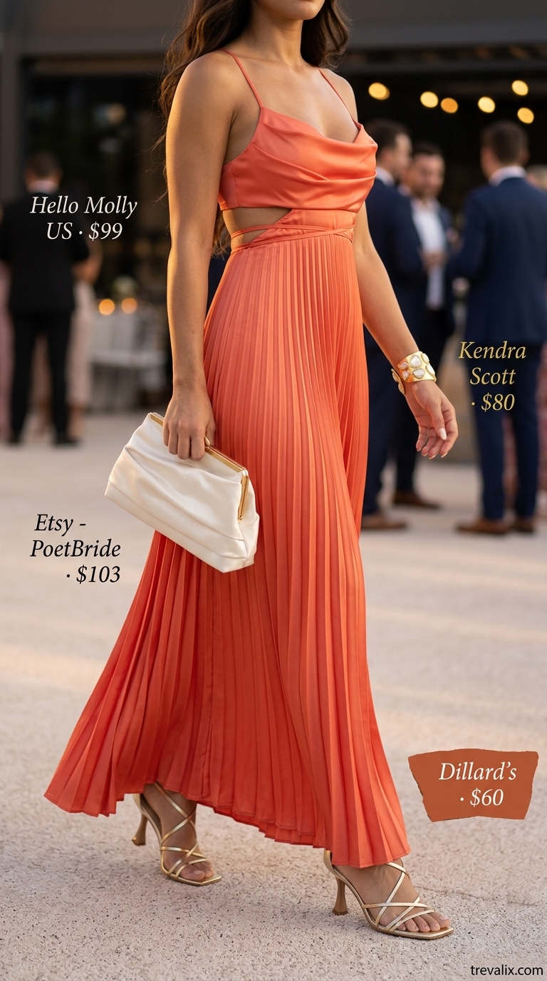 Coral orange flowy maxi dress for evening events or wedding guests. Glamorous and vibrant.