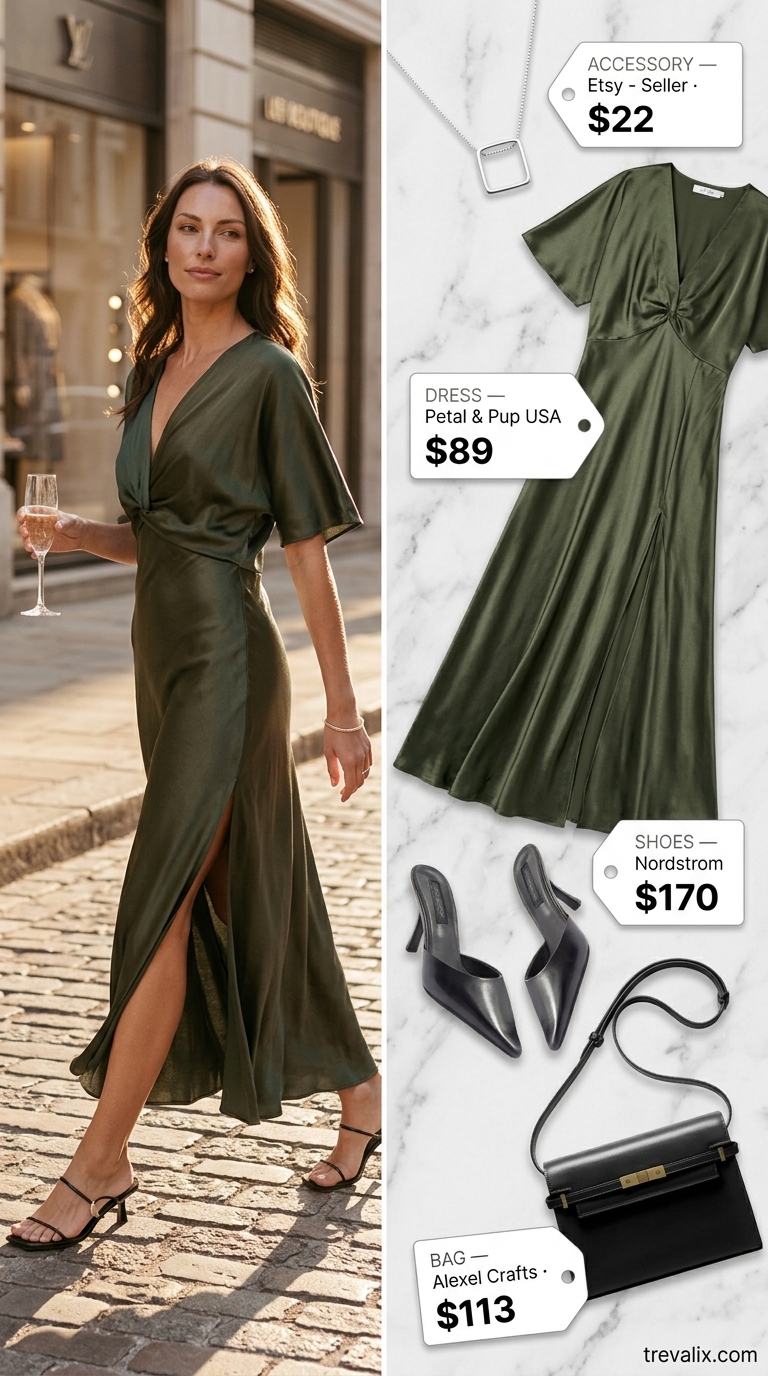 Olive green flowy maxi dress for summer office or stylish brunch. Sophisticated chic.