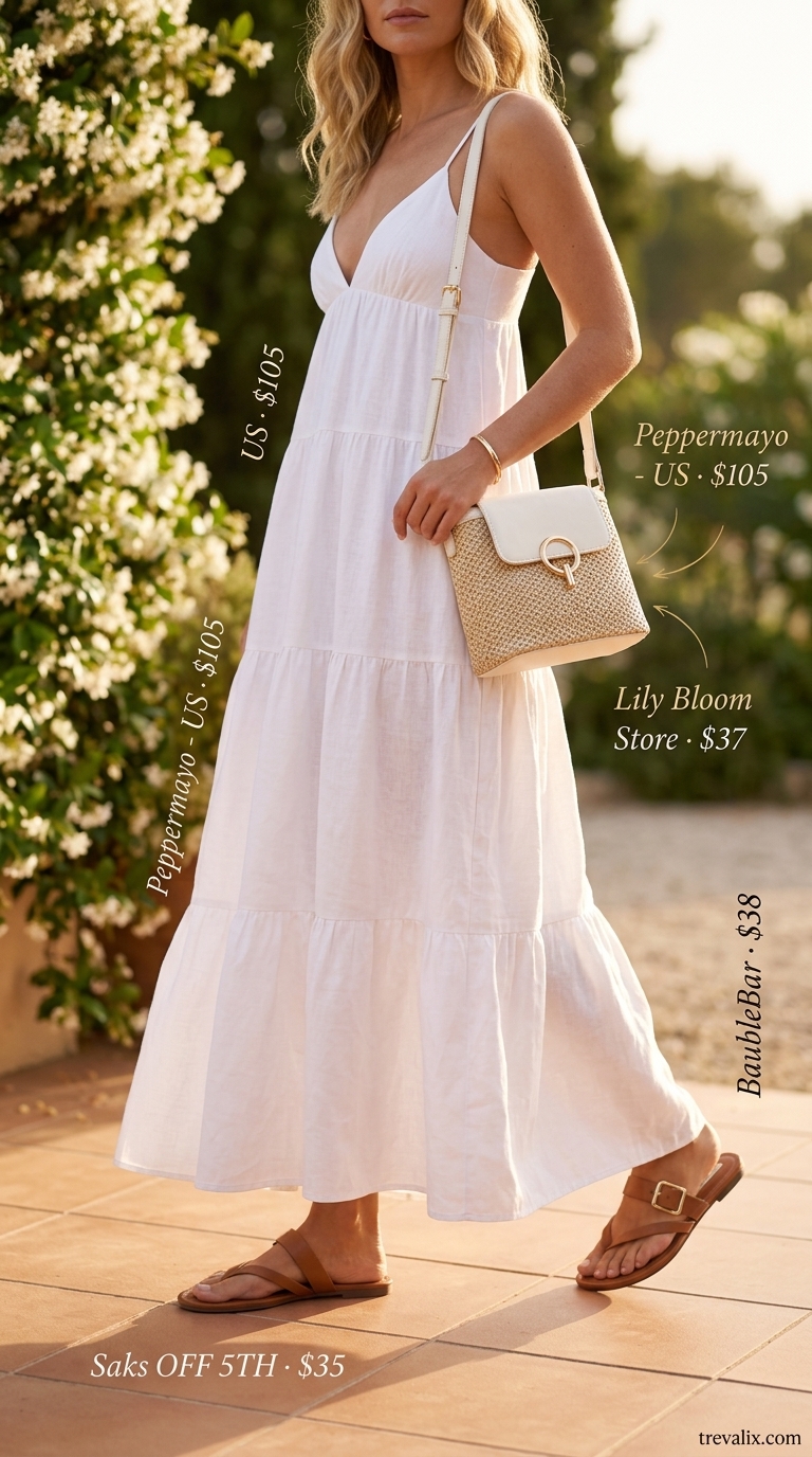 White linen flowy maxi dress with tan sandals for a fresh summer day out or casual brunch.
