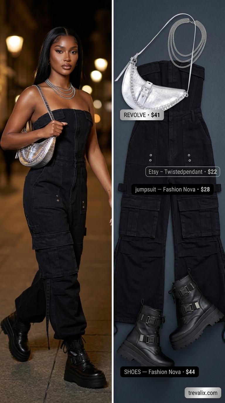 Stylish summer outfit for black woman 2026: Black cargo jumpsuit, silver chain, metallic bag, combat boots.