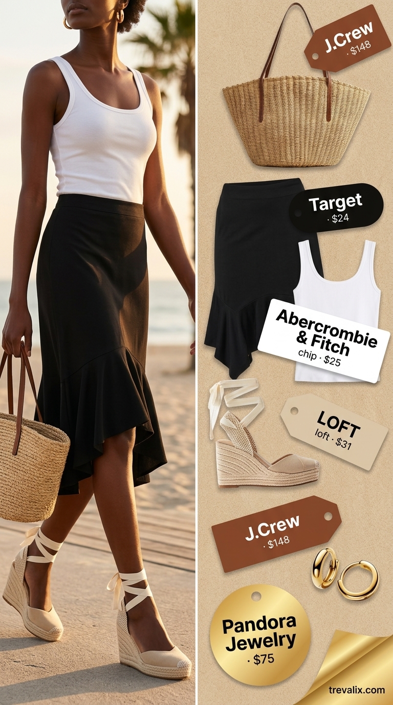 Stylish summer outfit for black woman 2026: Black flowy midi skirt, white tank top, straw tote, gold hoops, espadrilles.