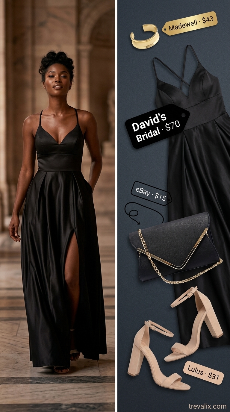 Stylish summer outfit for black woman 2026: Black maxi dress, gold bracelet, clutch, nude heels.
