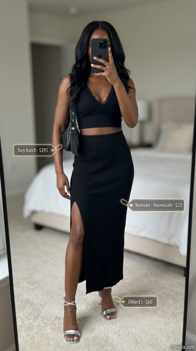 Stylish summer outfit for black woman 2026: Black midi skirt set, silver heels, black bag, silver earrings.