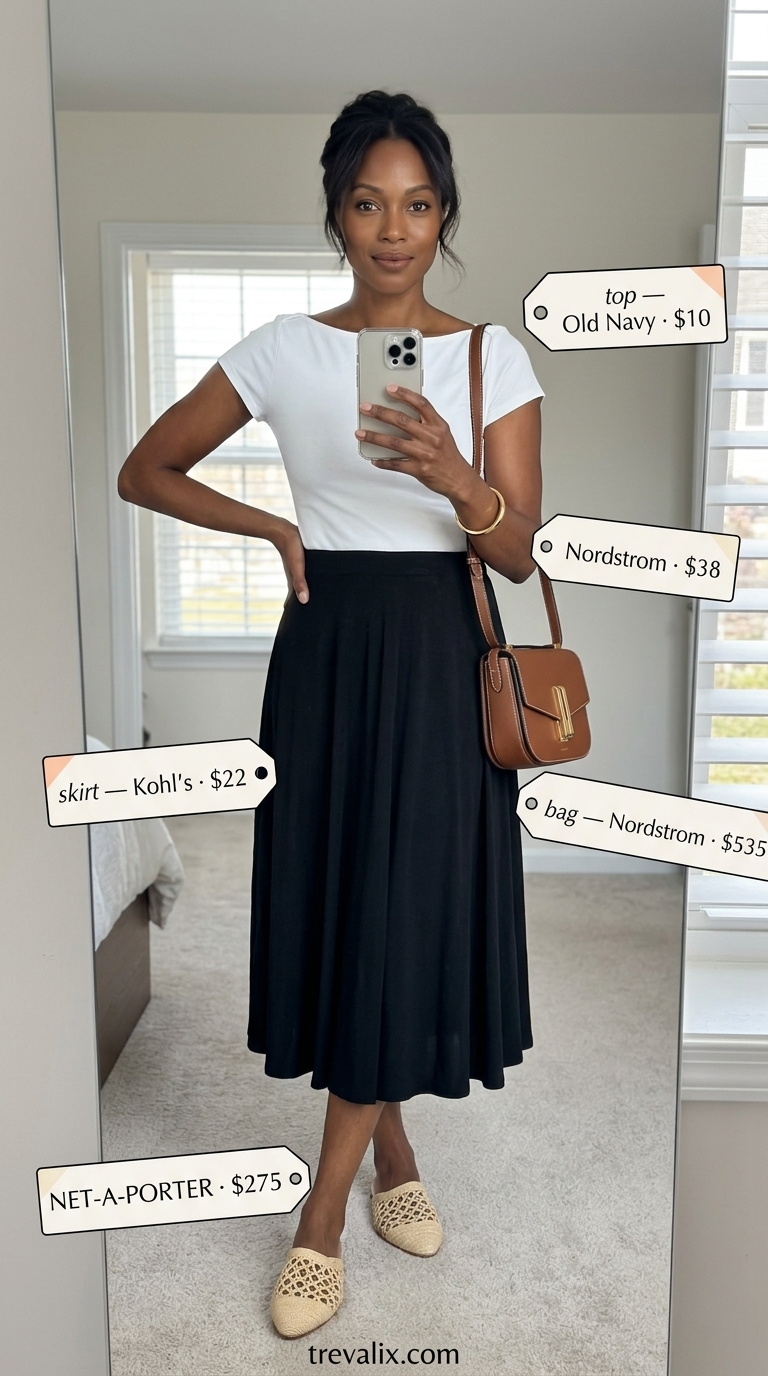 Stylish summer outfit for black woman 2026: Black midi skirt, cream knit top, gold bracelet, mules, crossbody bag.