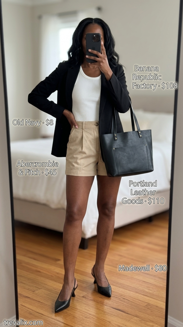 Stylish summer outfits for black woman 2026: Beige shorts, white knit top, black blazer, structured tote, slingbacks.