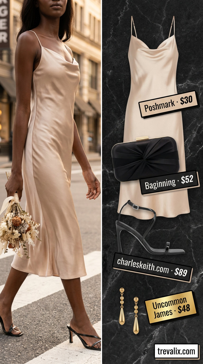 Stylish summer outfit for black woman 2026: Champagne slip dress, black heels, black clutch, gold earrings.