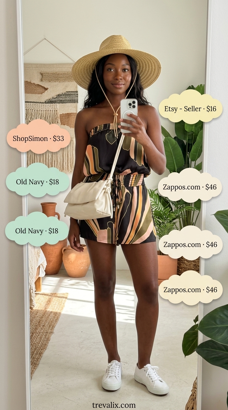 Stylish summer outfit for black woman 2026: Multi-color print romper, straw hat, white sneakers, white bag.