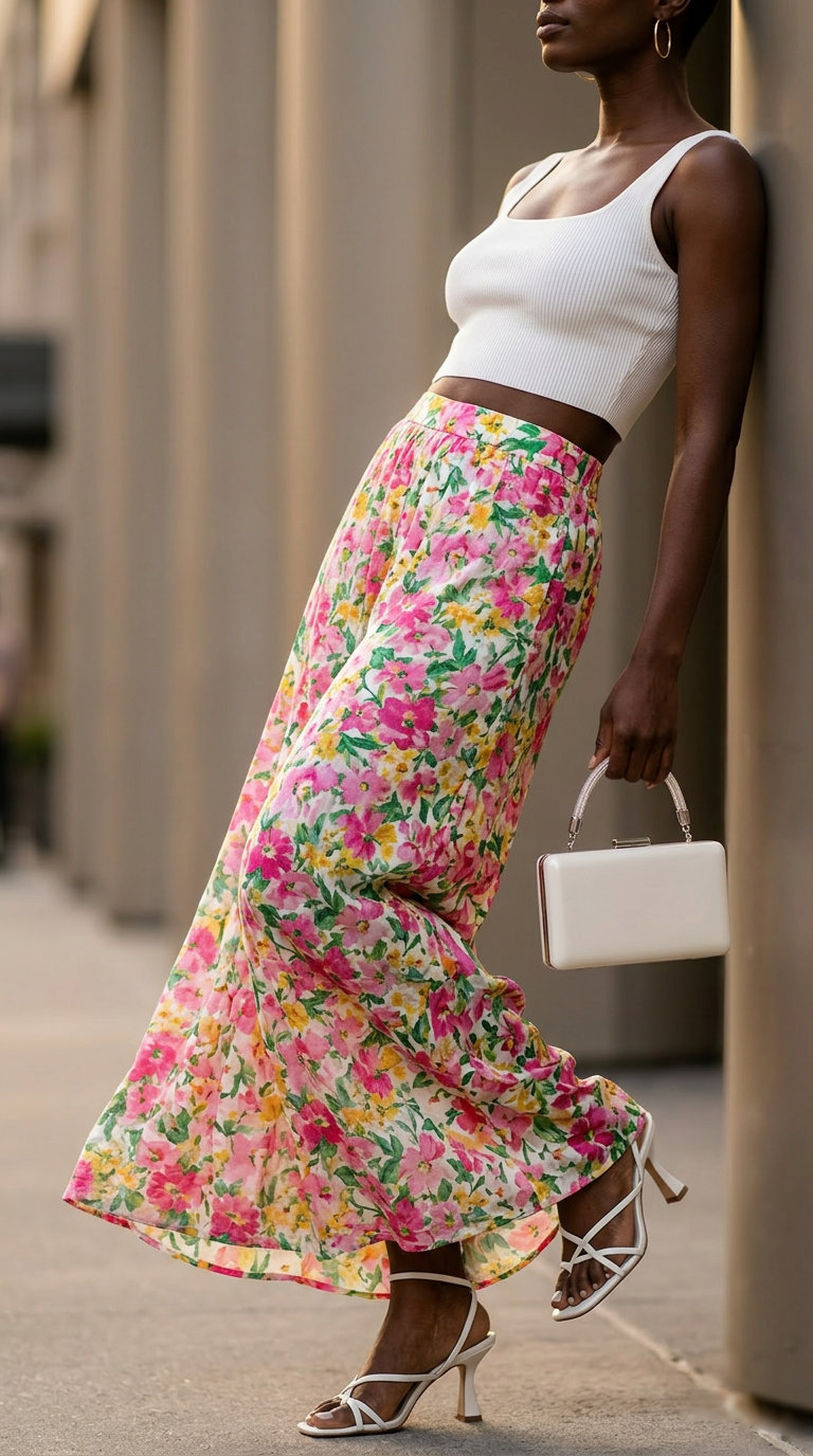 Stylish summer outfits for black woman 2026: Floral wide-leg pants, white crop top, heeled sandals, clutch.