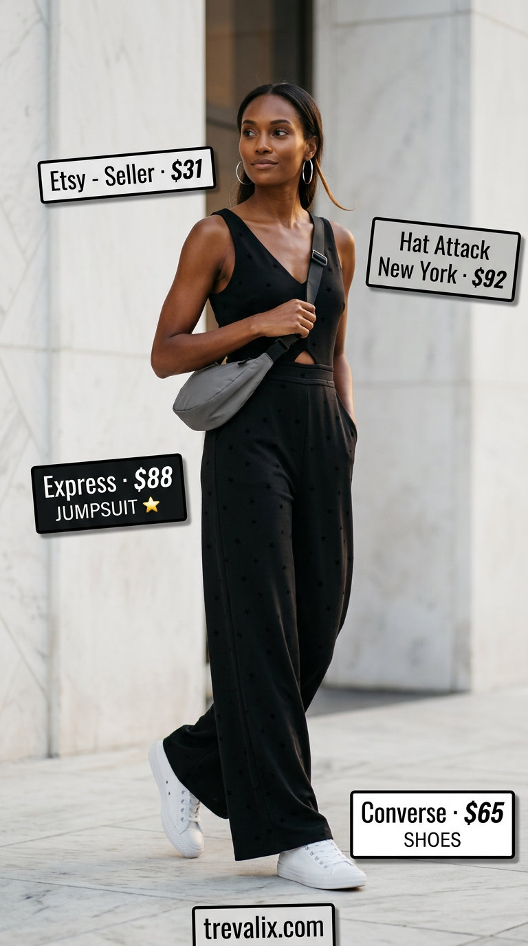 Stylish summer outfits for black woman 2026: Black wide-leg jumpsuit, white sneakers, silver hoop earrings.