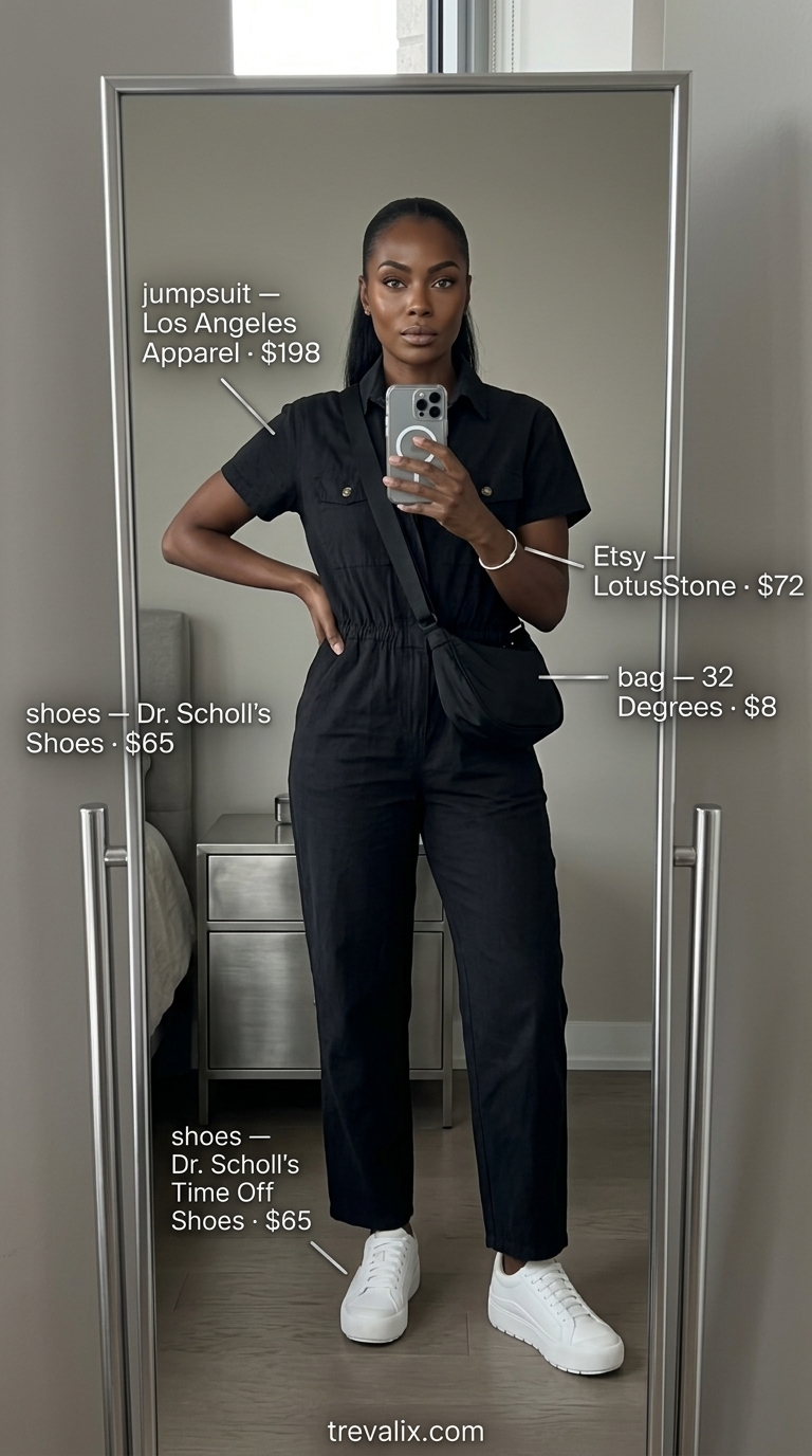 Stylish summer outfit for black woman 2026: Black utility jumpsuit, white sneakers, silver bracelet, black crossbody bag.