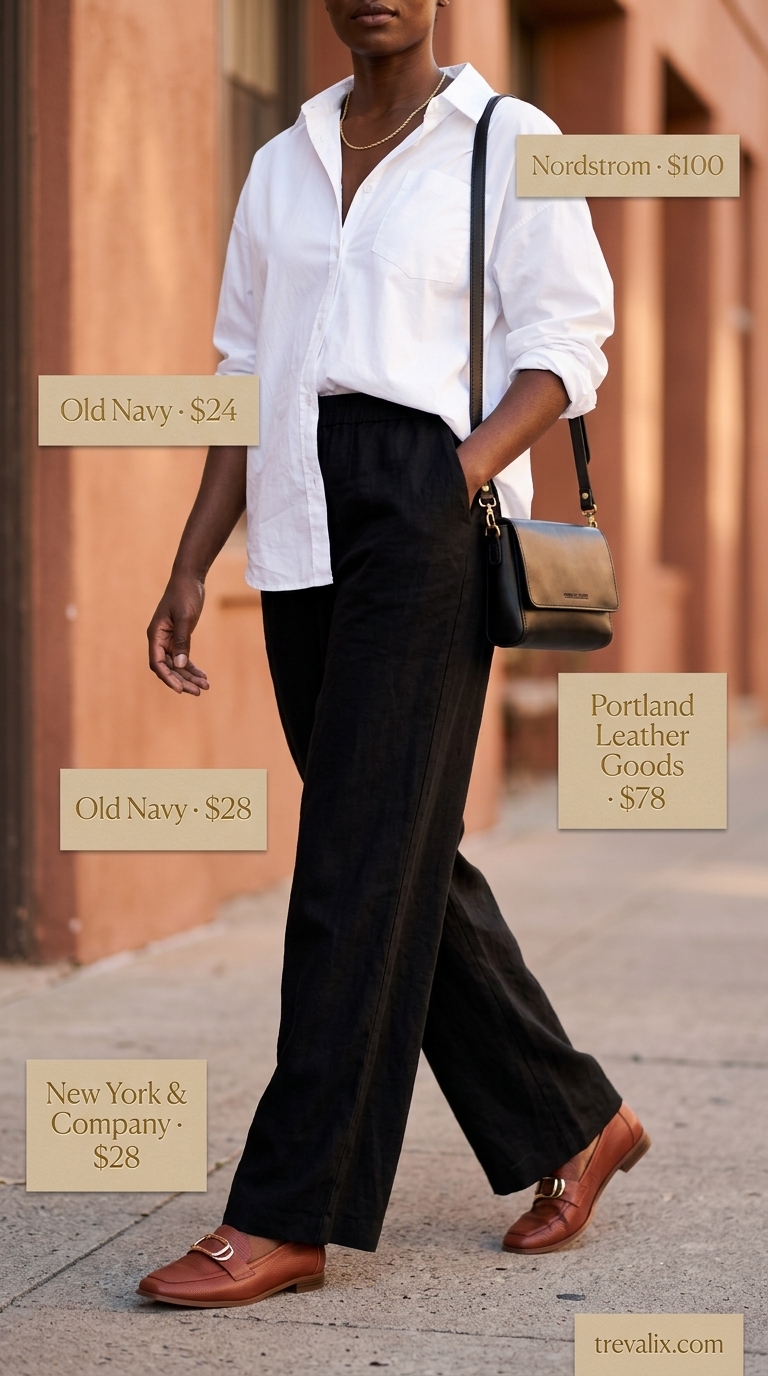 Stylish summer outfits for black woman 2026: Black linen pants, white button-down, loafers, crossbody bag.
