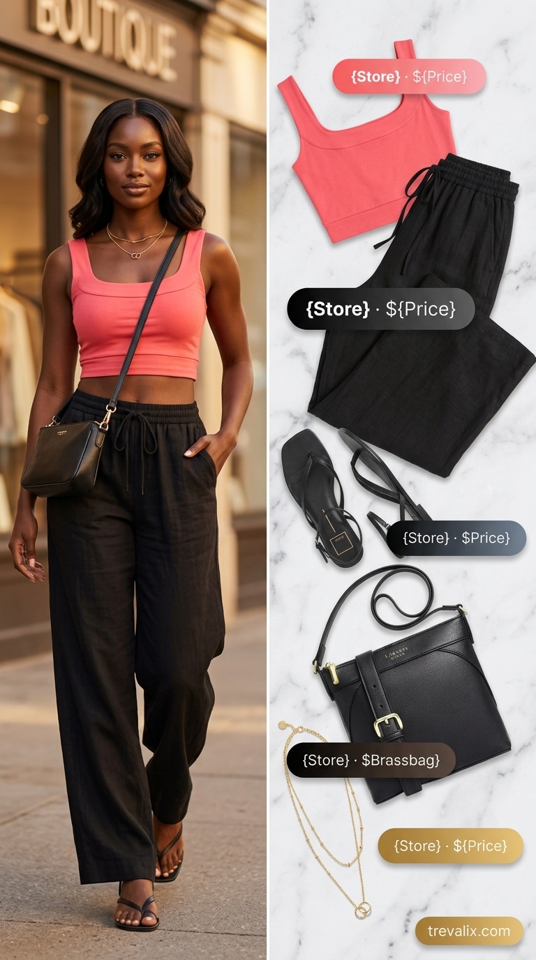 Stylish summer outfits for black woman 2026: Black linen pants, coral crop top, gold necklaces, flat sandals.