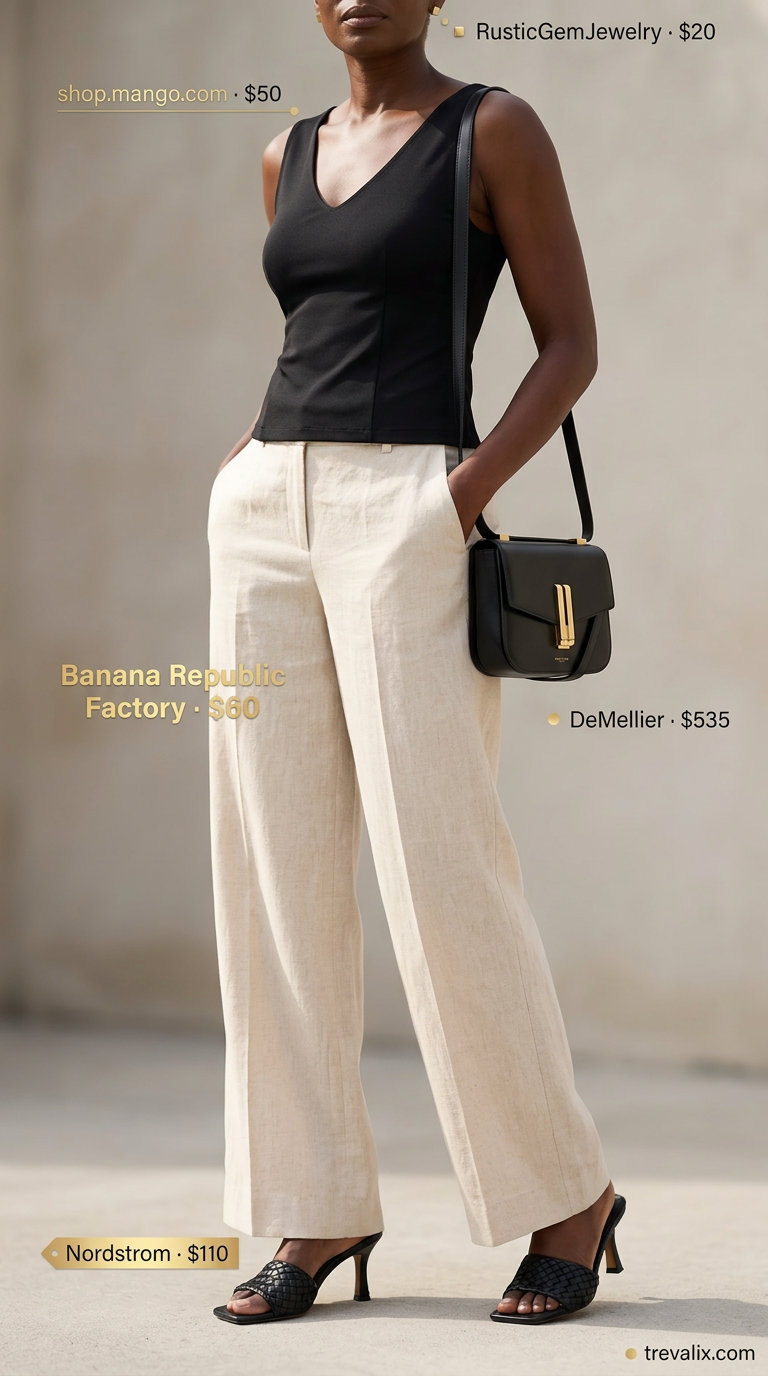 Stylish summer outfits for black woman 2026: Cream linen trousers, black V-neck top, block heels, crossbody bag.