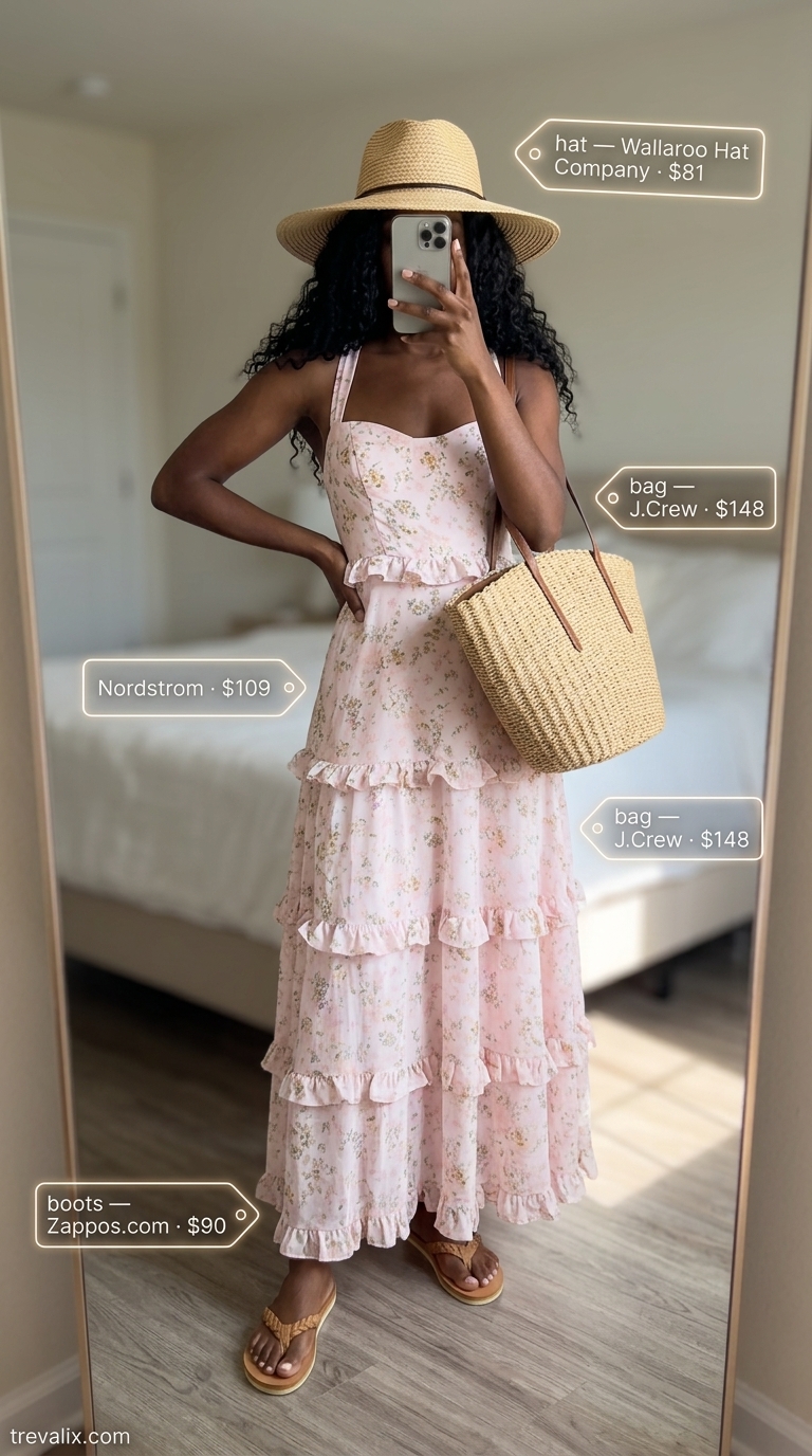 Stylish summer outfits for black woman 2026: Flowy floral maxi dress, straw hat, woven tote, leather slides.
