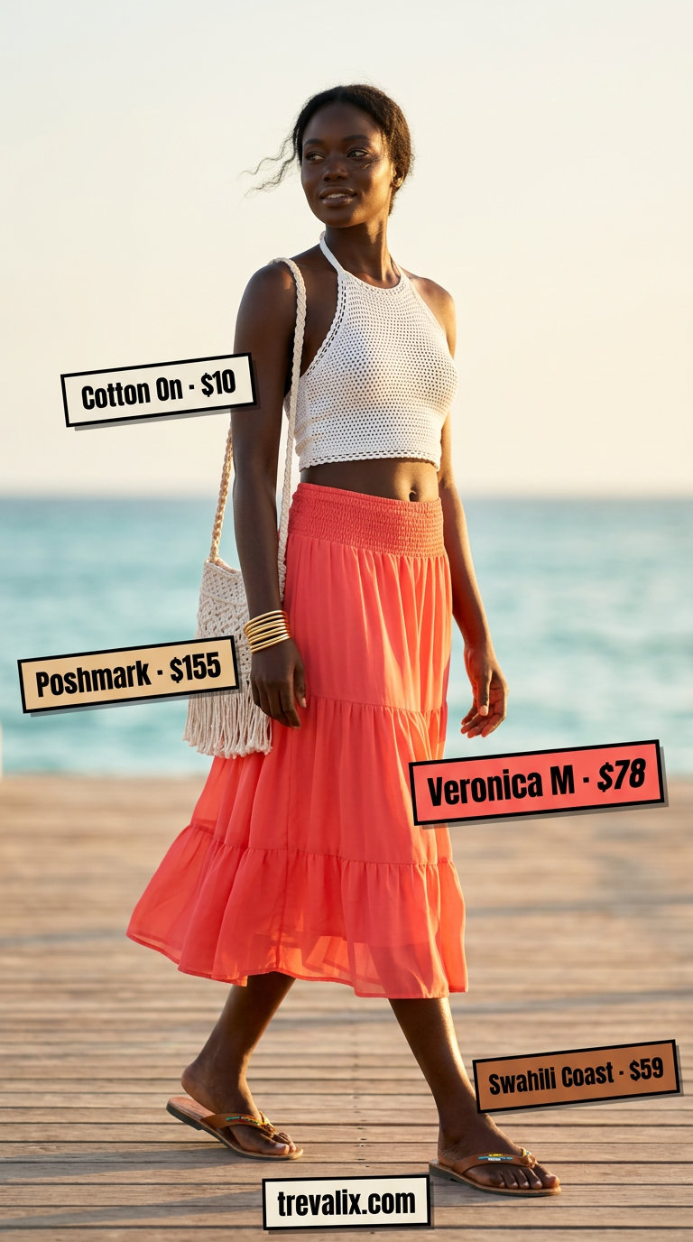 Stylish summer outfits for black woman 2026: Coral tiered midi skirt, crochet halter top, embellished sandals.