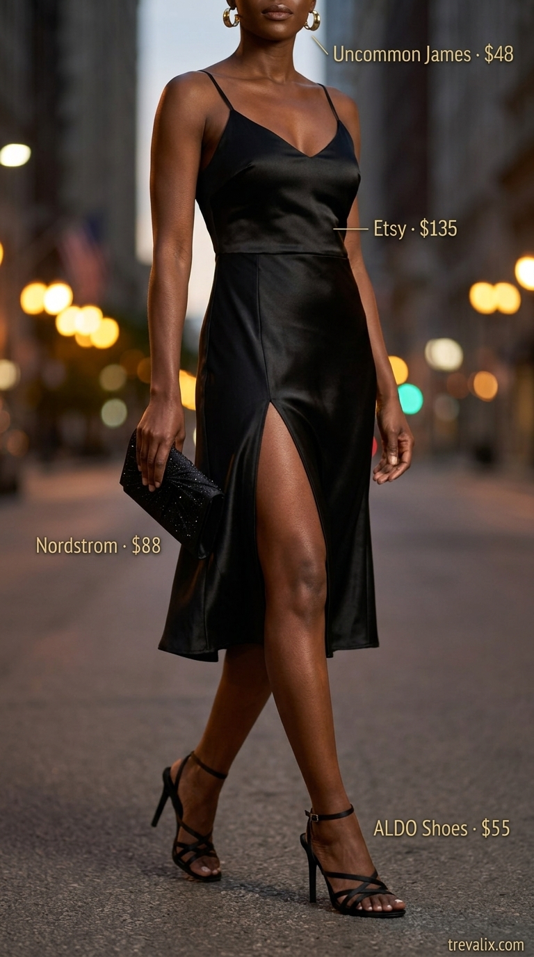 Stylish summer outfits for black woman 2026: Black slip dress, gold statement earrings, strappy heels, evening clutch.