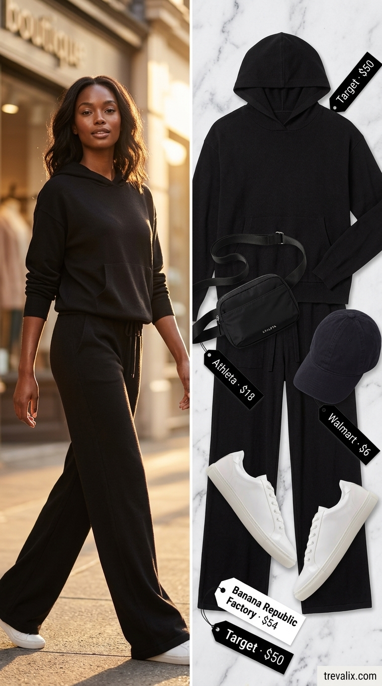 Stylish summer outfits for black woman 2026: Black hoodie and joggers set, white sneakers, and belt bag for elevated athleisure.