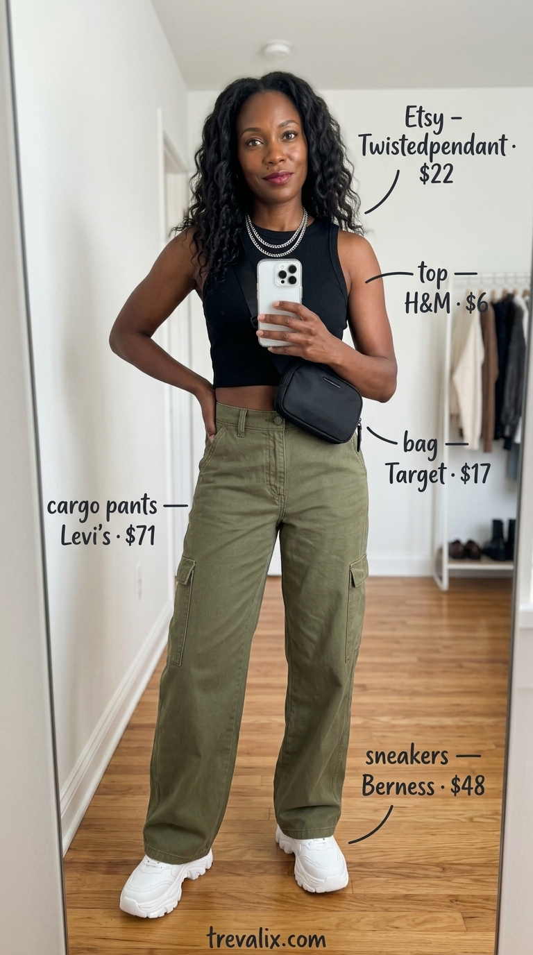 Stylish summer outfits for black woman 2026: Khaki cargo pants, black crop top, silver necklace, and belt bag for a casual festival look.