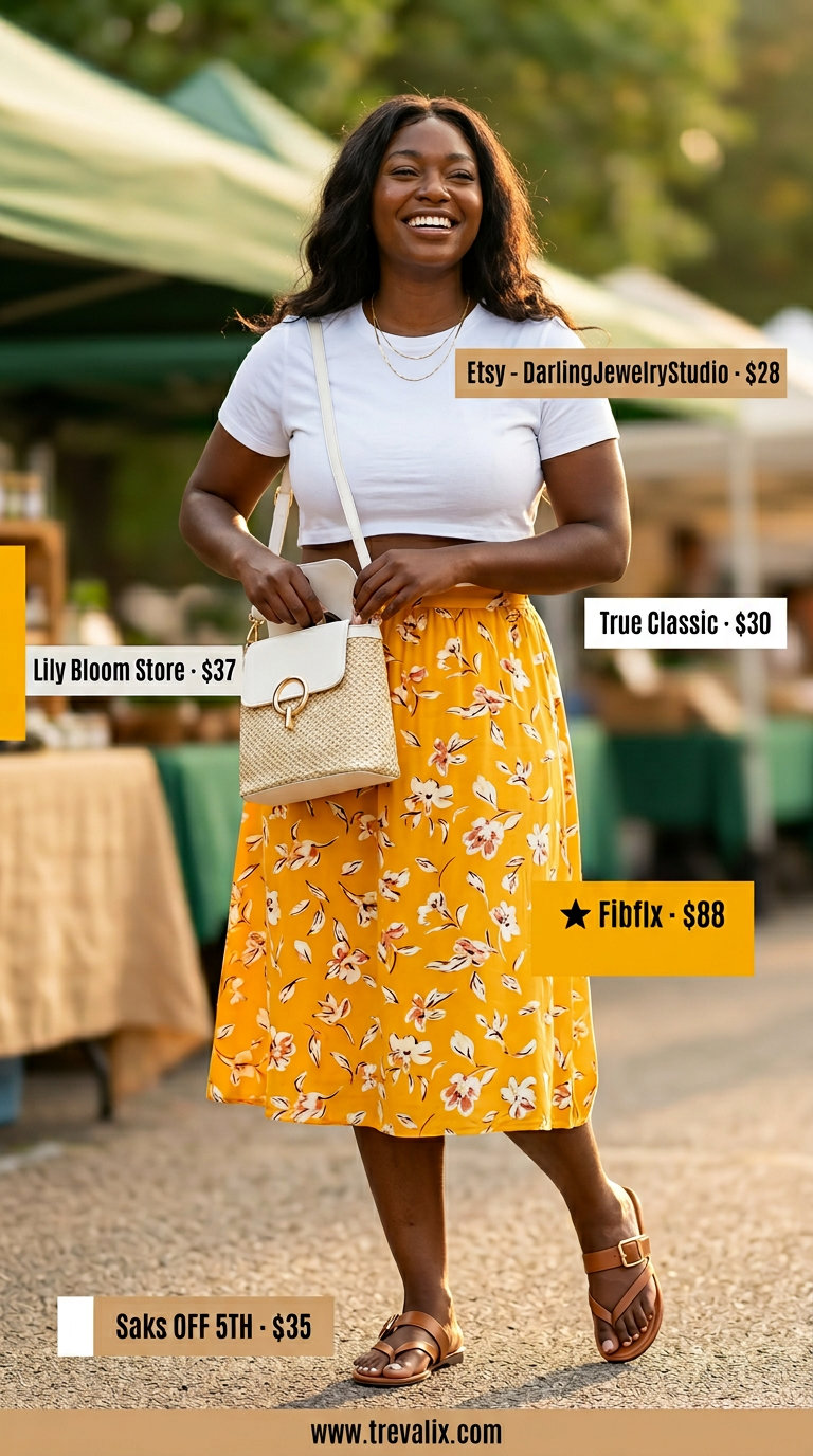 Stylish summer outfit for black woman 2026: Yellow midi skirt, white tee, straw bag, and tan sandals for a casual day out.