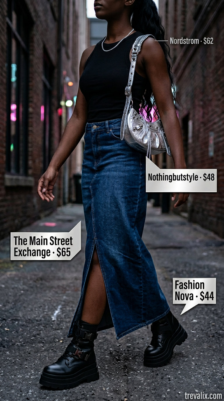 Stylish summer outfits for black woman 2026: Denim maxi skirt, black tank, combat boots, and silver chain bag for an edgy concert look.