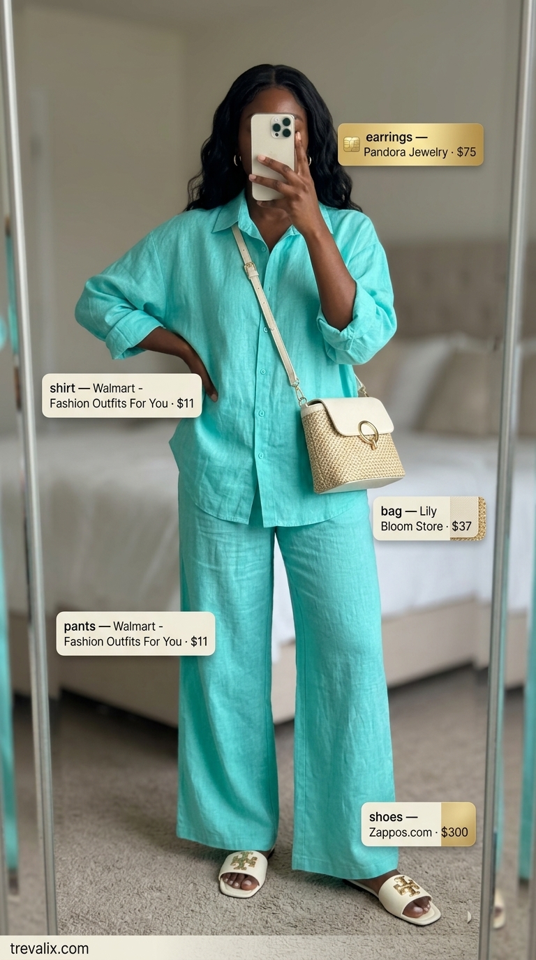 Stylish summer outfits for black woman 2026: Olive green linen co-ord set, straw bag, and leather slides for relaxed travel style.