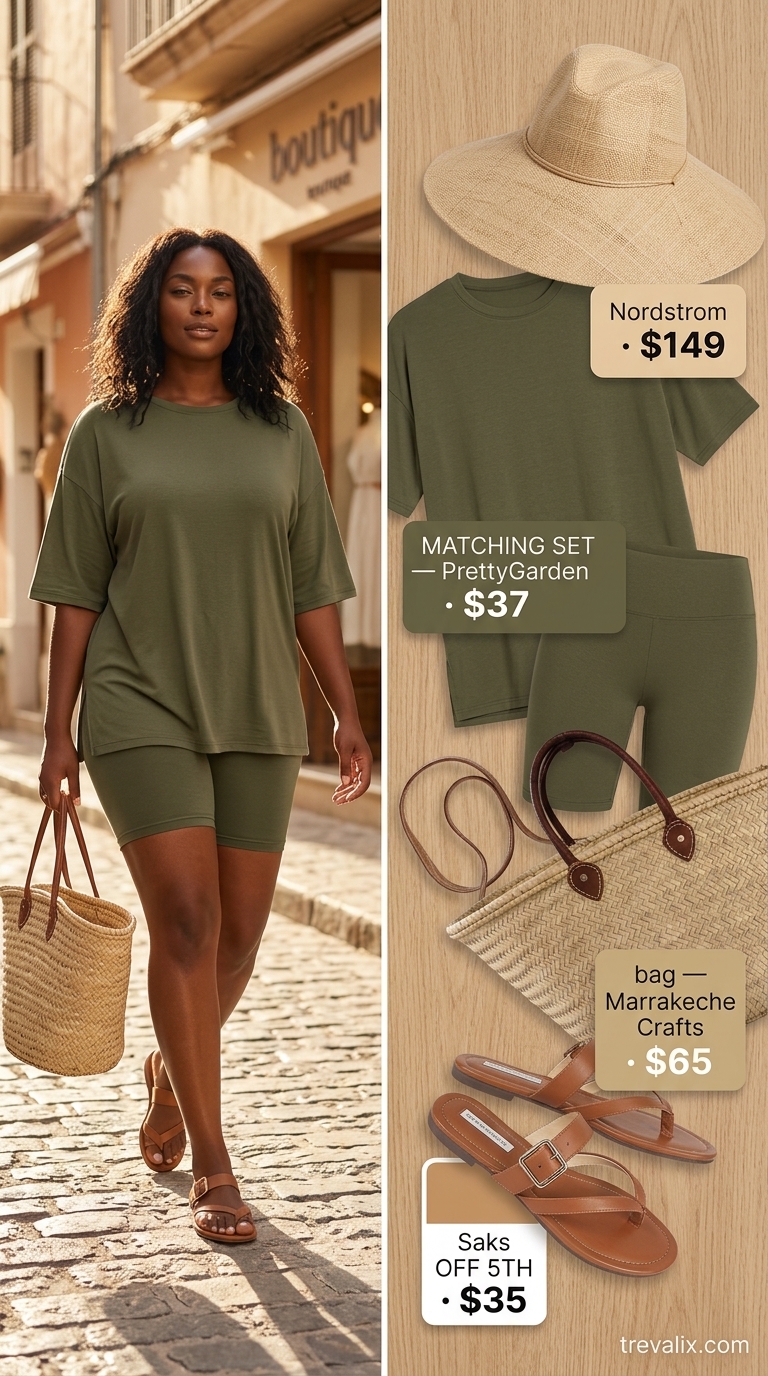Stylish summer outfits for black woman 2026: Olive green linen shorts set, straw hat, and leather slides for daytime exploration.